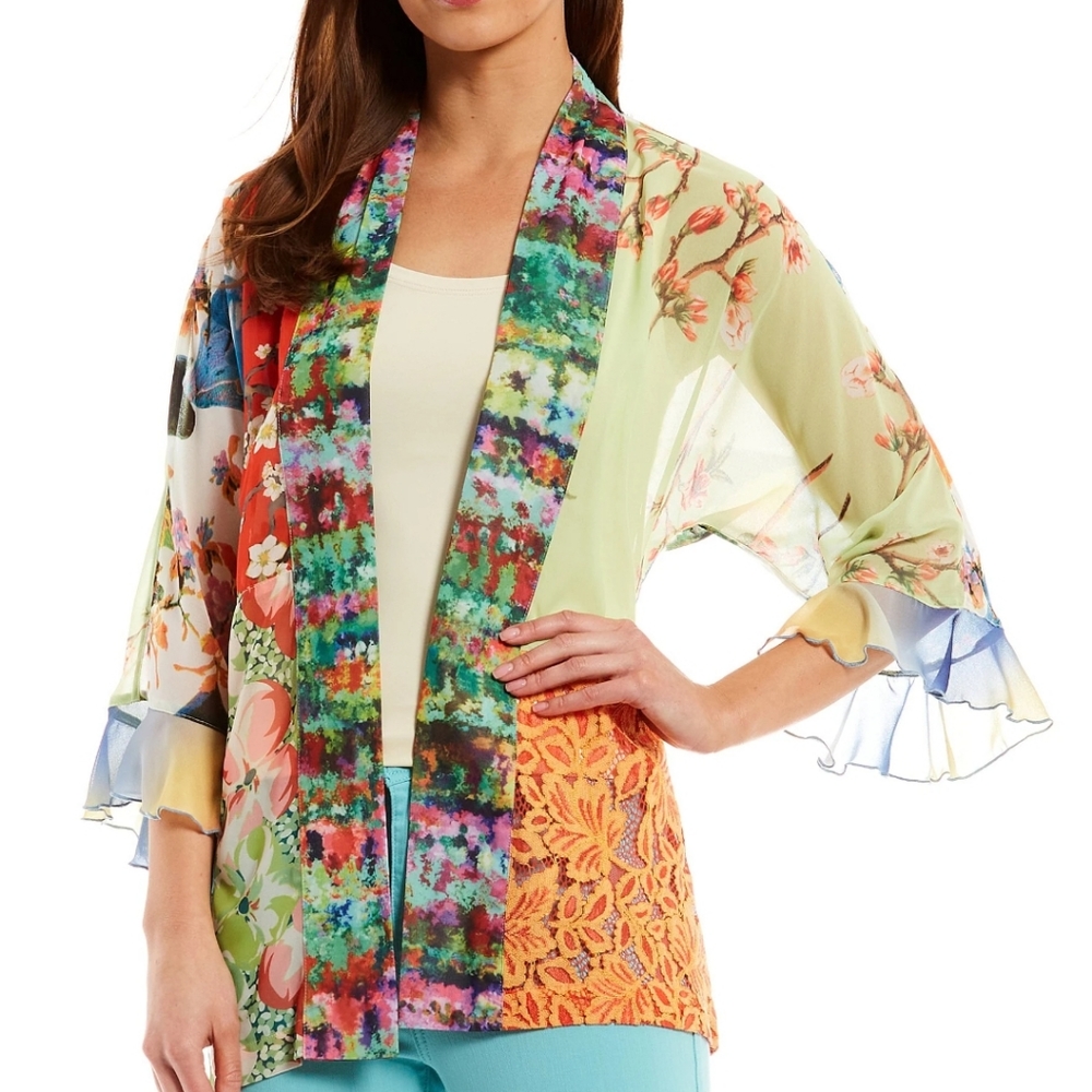 John Mark Multi Floral Print Open Front 3/4 Ruffle Cuff Sleeve Kimono Top